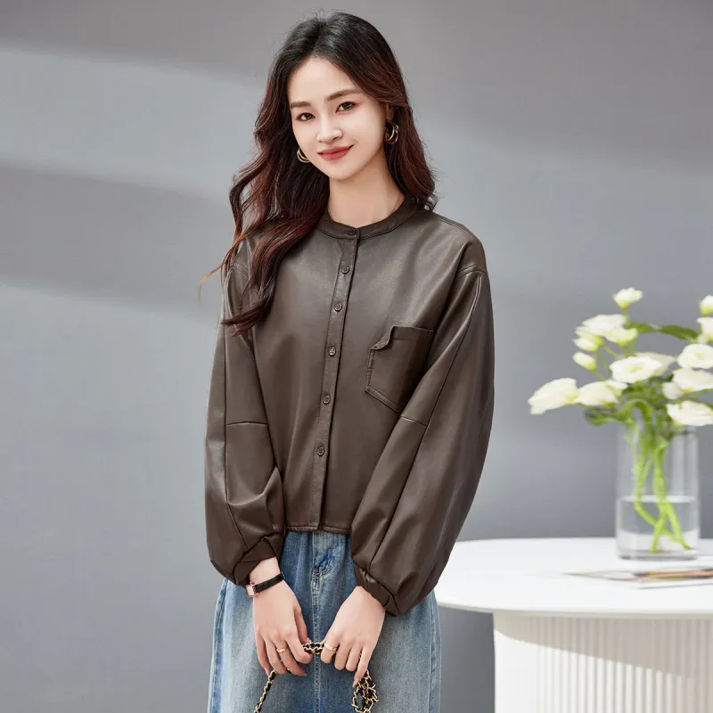 Fele.d Leather Jacket Women's Coffee-2