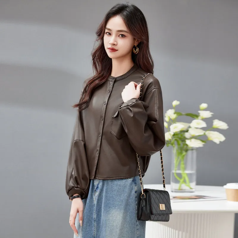 Fele.d Leather Jacket Women's Coffee-3