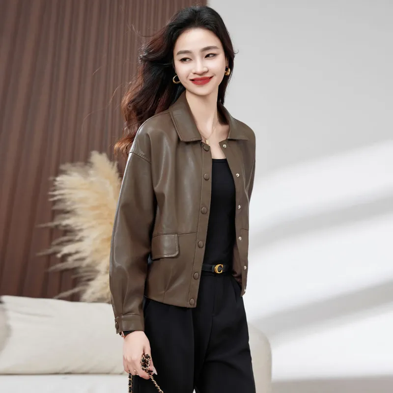 Fele.d Leather Jacket Women's Coffee-2