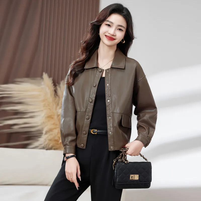 Fele.d Leather Jacket Women's Coffee-3