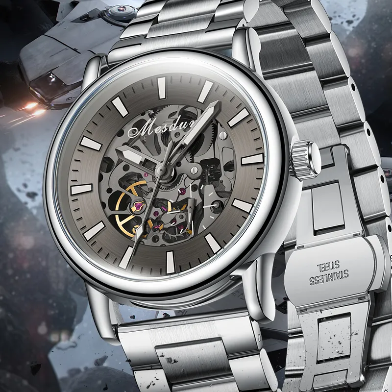 MESDUN Luxury Trendy Collection Automatic Mechanical Movement Metal Strap Watch Men's Watches Black Dial-23