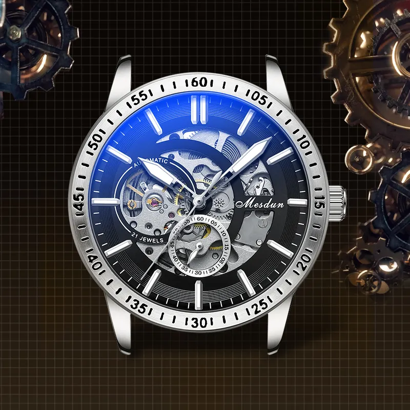 MESDUN Automatic Mechanical Movement Metal Strap Watch Men's Watches Black Dial-24