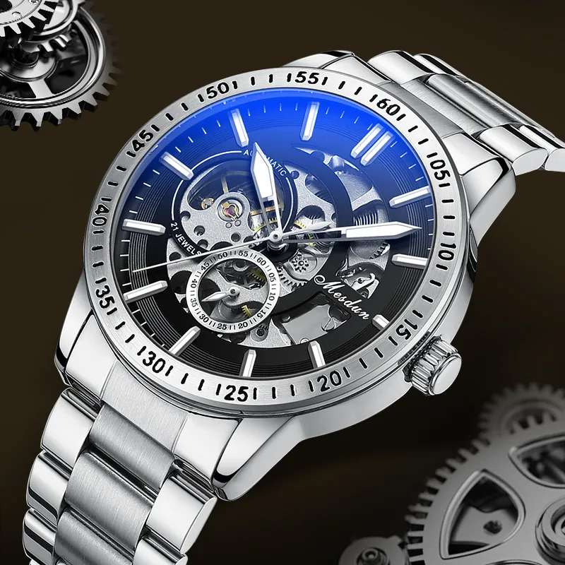 MESDUN Automatic Mechanical Movement Metal Strap Watch Men's Watches Black Dial-13