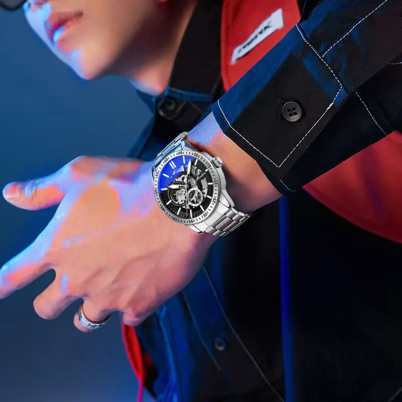 MESDUN Automatic Mechanical Movement Metal Strap Watch Men's Watches Black Dial-8