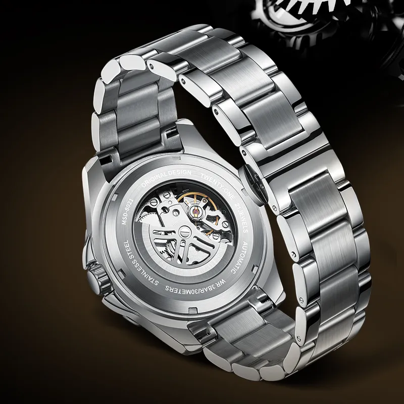 MESDUN Automatic Mechanical Movement Metal Strap Watch Men's Watches Black Dial-15