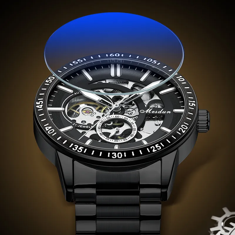 MESDUN Automatic Mechanical Movement Metal Strap Watch Men's Watches Black Dial-11