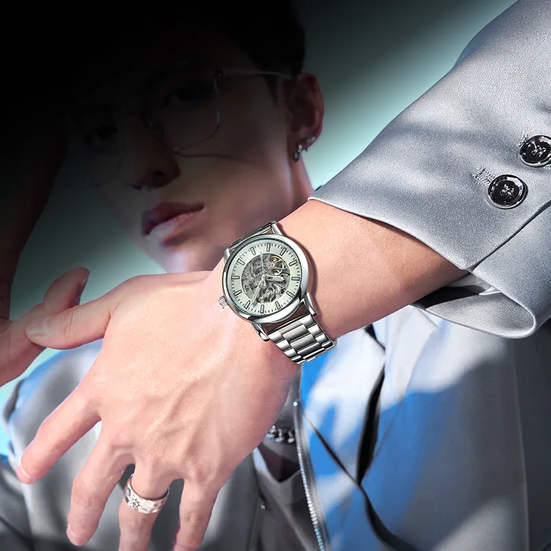 MESDUN Luxury Trendy Collection Automatic Mechanical Movement Metal Strap Watch Men's Watches Black Dial-9