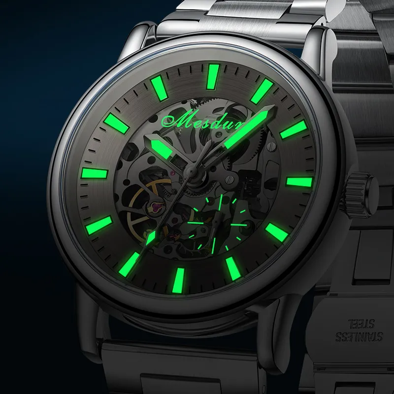 MESDUN Luxury Trendy Collection Automatic Mechanical Movement Metal Strap Watch Men's Watches Black Dial-24