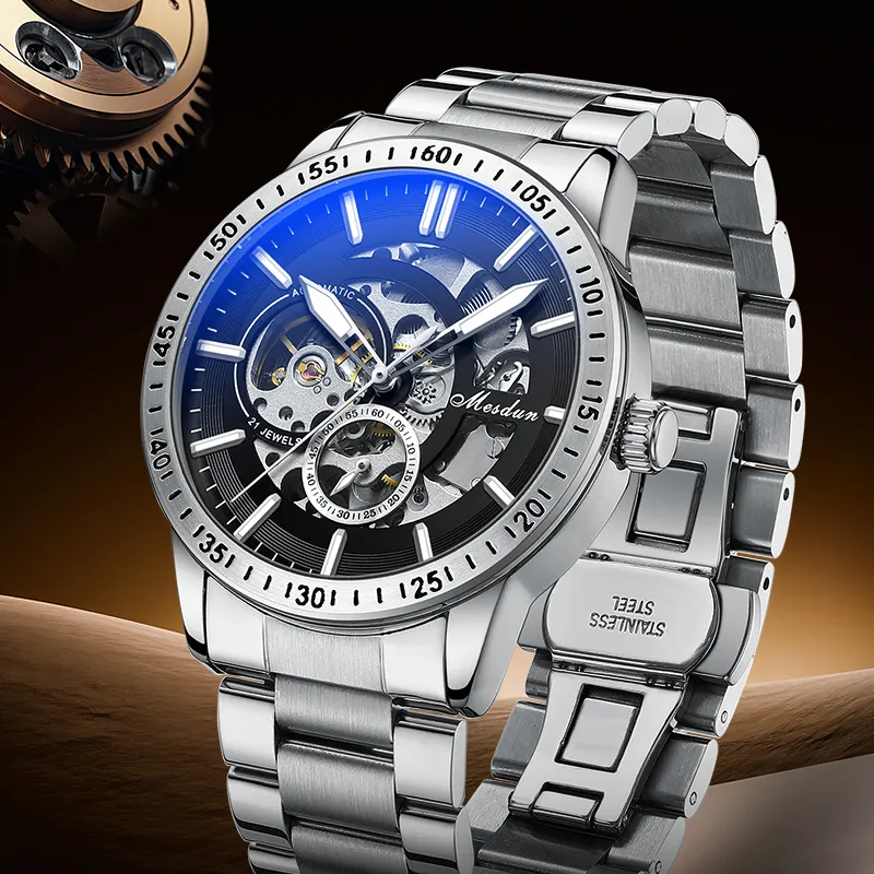 MESDUN Automatic Mechanical Movement Metal Strap Watch Men's Watches Black Dial-14