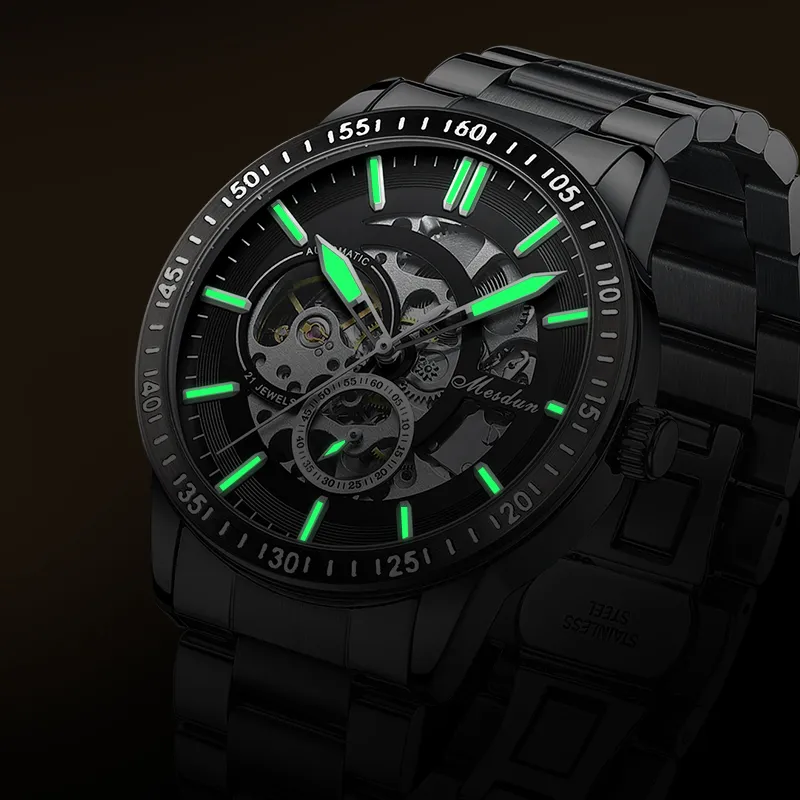 MESDUN Automatic Mechanical Movement Metal Strap Watch Men's Watches Black Dial-18