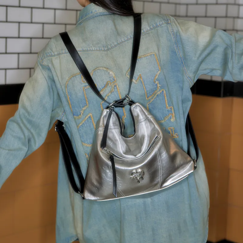 ONE TIME PU Tote Bag, Shoulder Bag, Double Shoulder Backpack Regular Women's Metallic Silver-2