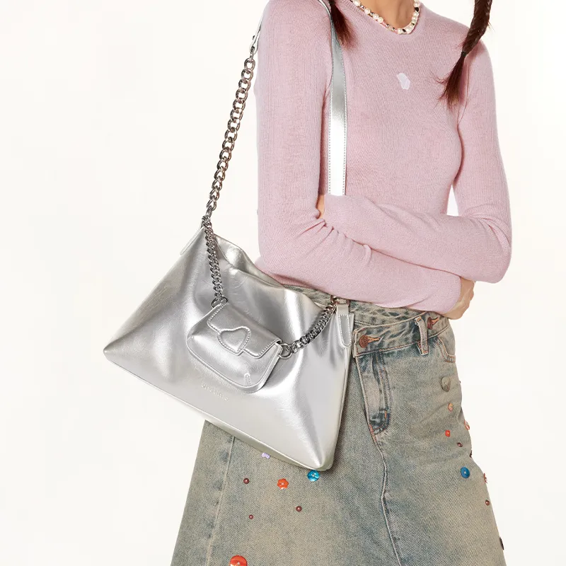 ONE TIME Synthetic Leather Moon Tote Shopping Bag Shoulder Bag Tubas Women's Black/Silver-2