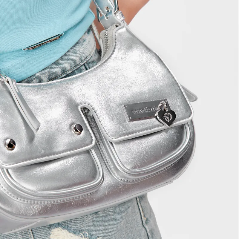 ONE TIME Synthetic Leather Shoulder Bag Trumpets Women's Black/Metallic Silver-1