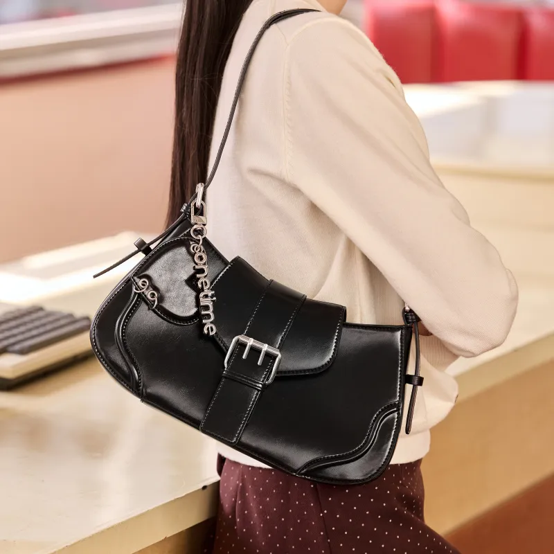 ONE TIME Synthetic Leather Shoulder Bag Women's Black-2