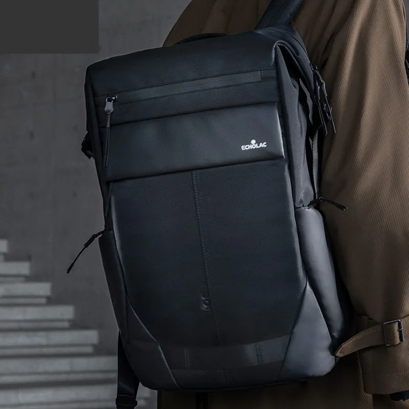 ECHOLAC Fabric Backpack Medium Size Unisex Black-5