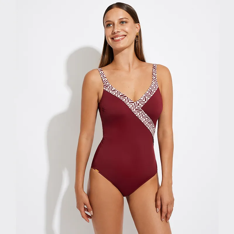 Selmark One piece Swimsuit Women's Burgundy-2
