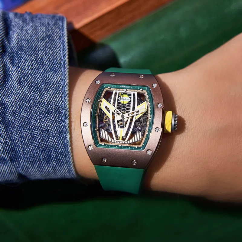 CRONUSART Automatic Mechanical Movement Rubber Strap Watch Men's Watches Cut-Out Dial-5