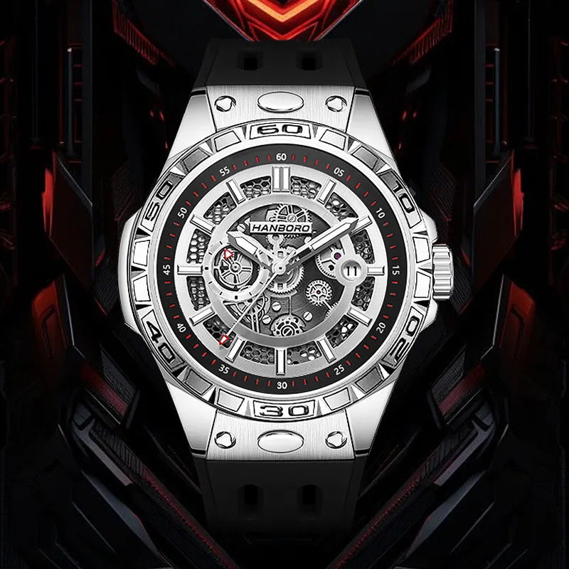 HANBORO Future Mecha Collection Mechanical Movement Silicone Strap Watch Men's Watches Black Dial-2