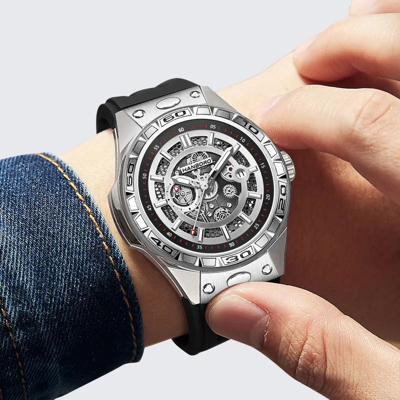 HANBORO Future Mecha Collection Mechanical Movement Silicone Strap Watch Men's Watches Black Dial-4
