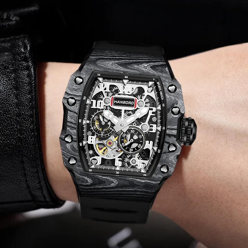 HANBORO Mechanical Movement Rubber Strap Watch Men's Watches Black Dial-3