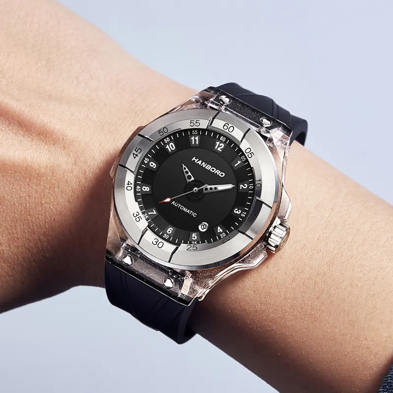HANBORO Mechanical Movement Silicone Strap Watch Men's Watches Black Dial-3