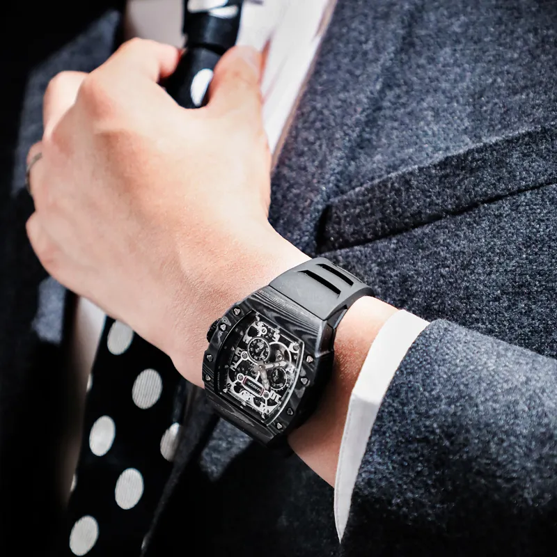 HANBORO Mechanical Movement Rubber Strap Watch Men's Watches Black Dial-2