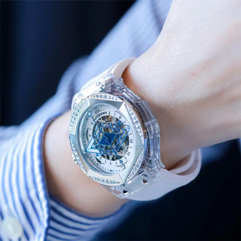 HANBORO Cyan Collection Automatic Mechanical Movement Silicone Strap Watch Men's Watches White Dial-5