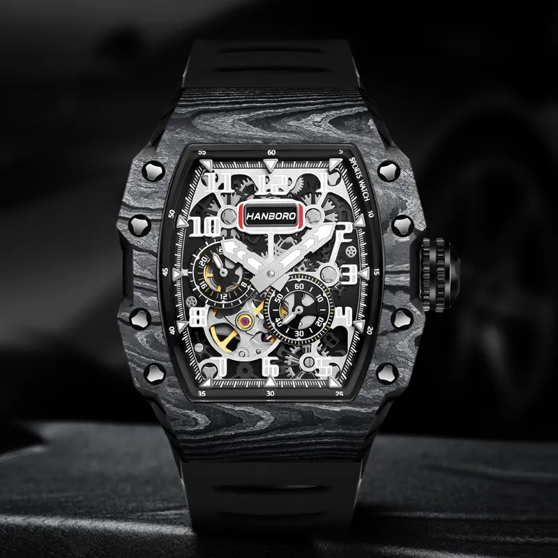 HANBORO Mechanical Movement Rubber Strap Watch Men's Watches Black Dial-4
