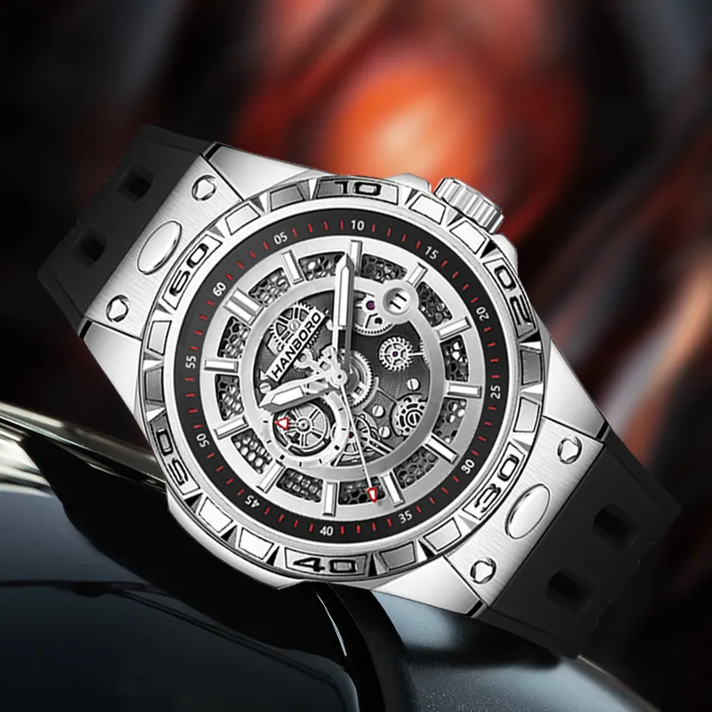 HANBORO Future Mecha Collection Mechanical Movement Silicone Strap Watch Men's Watches Black Dial-3