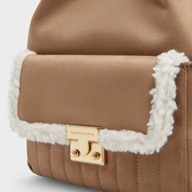 CHARLES&KEITH PU, Textile Mixture Backpack Medium Size Women's Tan Tea Brown-3