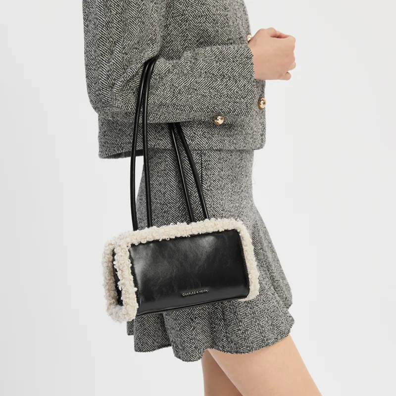 CHARLES&KEITH PU Laminated Textile Shoulder Bag Small Size Women's Chalk Pink/White/Camel-3