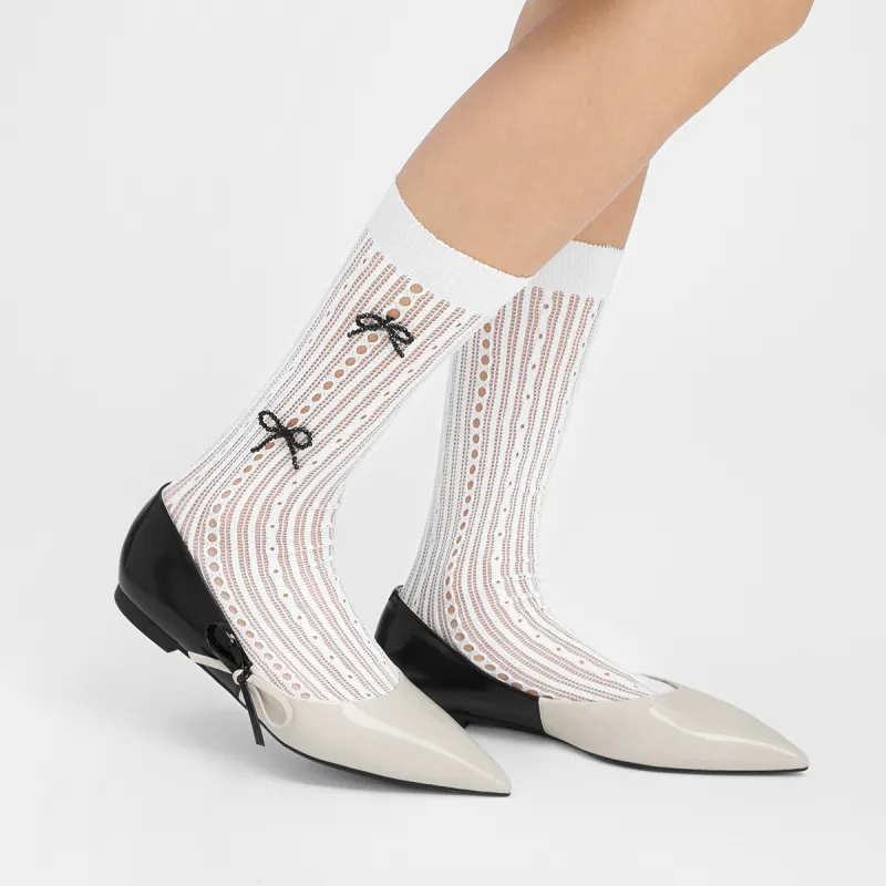 CHARLES&KEITH Small CK Bowknot New Chinese Style Casual Single Shoes 1cm Women's BLACK TEXTURED/Chalk White-7