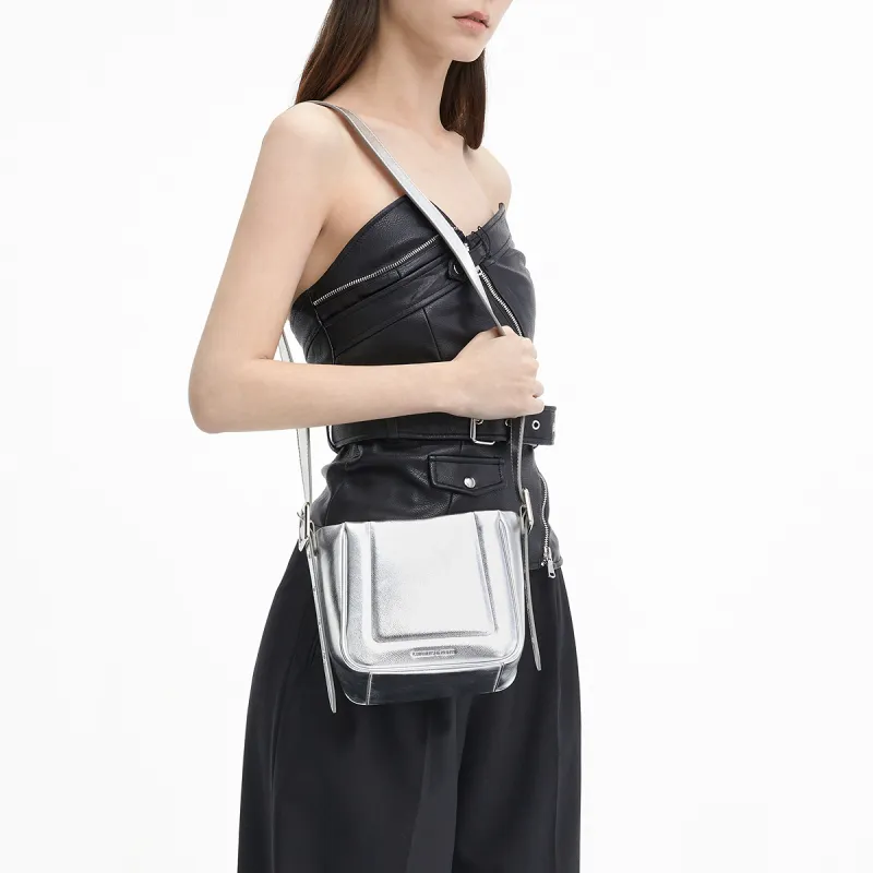 CHARLES&KEITH PU One Shoulder Crossbody Bucket Bag Medium Size Women's Noir Black/Oat/Silver-11