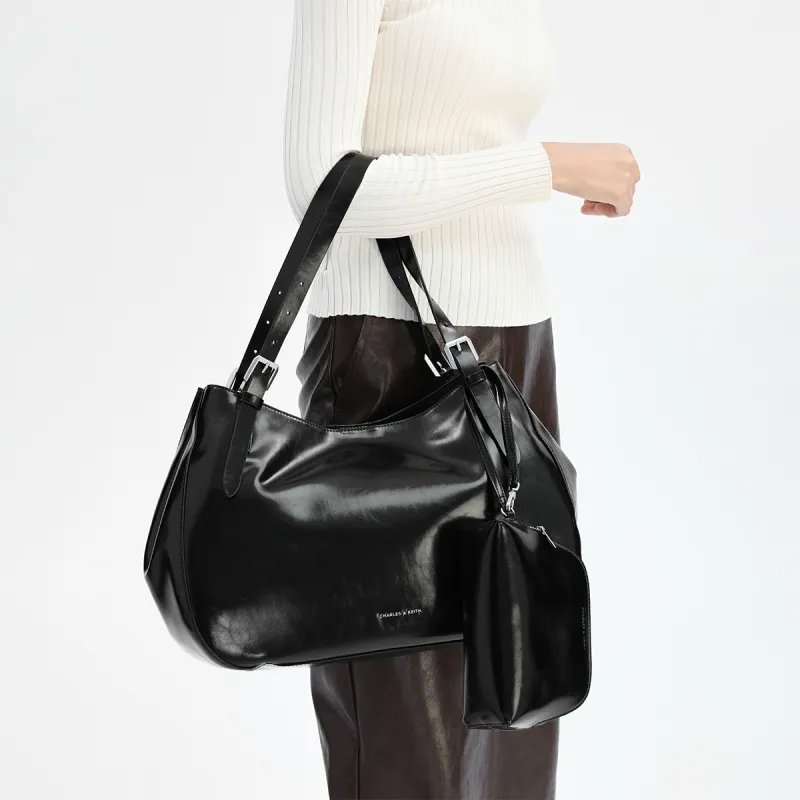 CHARLES&KEITH PU Shoulder Bag Regular Large Size Women's Noir Black/Grey Gray-3