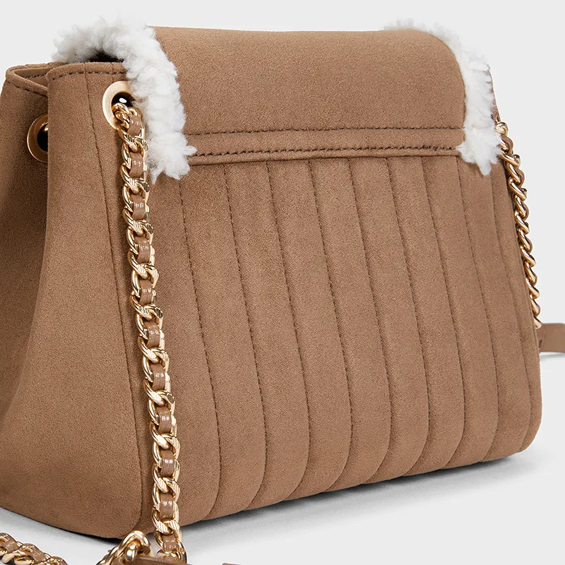 CHARLES&KEITH PU, Textile Mixture Shoulder Bag Medium Size Women's Tan Tea Brown-3