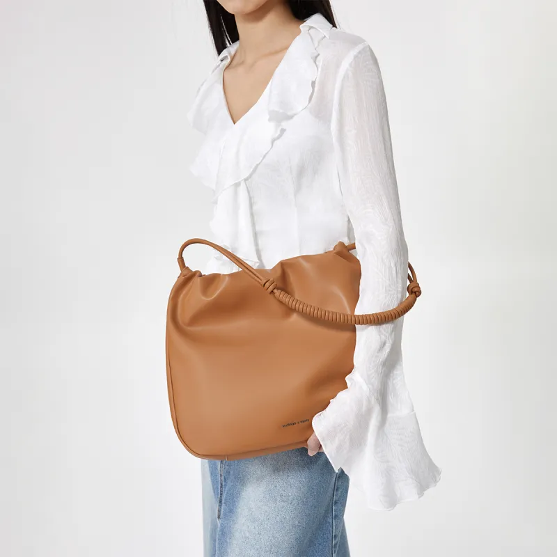 CHARLES&KEITH PU Crossbody Bag, Shoulder Bag Medium Size Women's Russet Brown Tawny/Noir Black-3