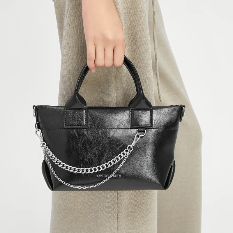 CHARLES&KEITH PU Shoulder Bag Small Size Women's Noir Black/Pewter Grey/Burgundy Wine Red-4