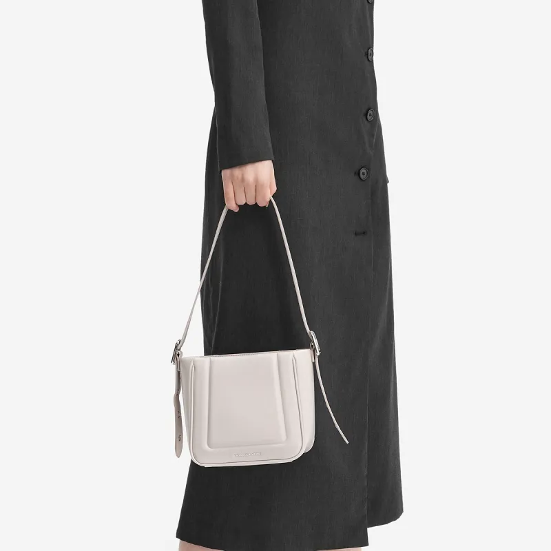 CHARLES&KEITH PU One Shoulder Crossbody Bucket Bag Medium Size Women's Noir Black/Oat/Silver-7