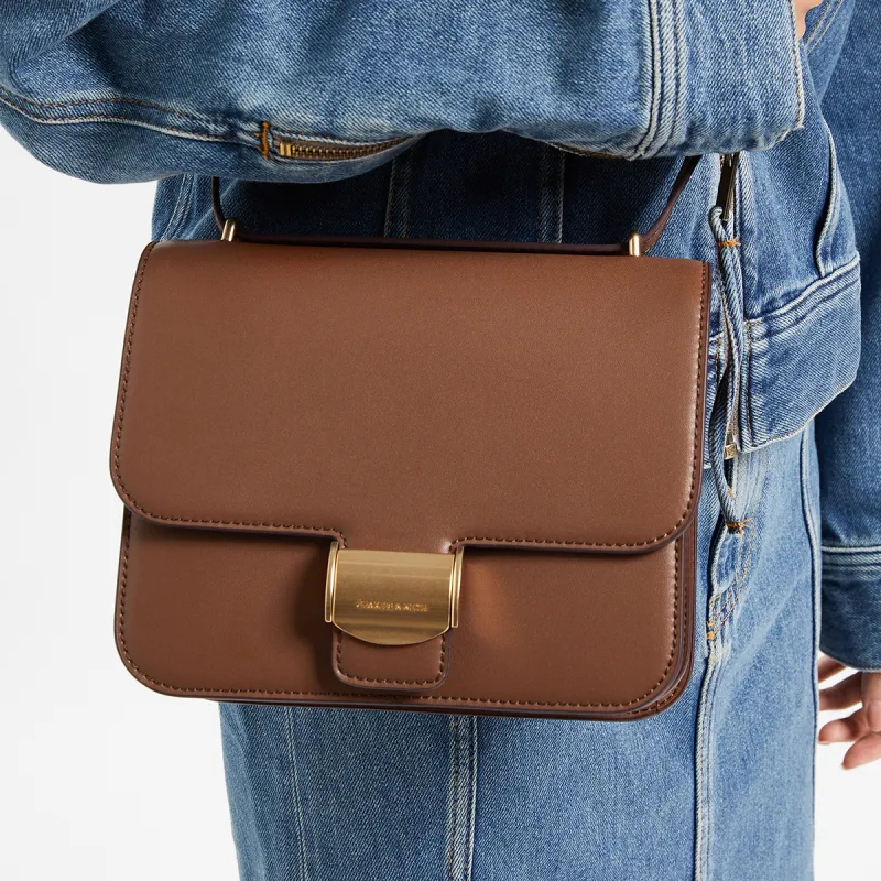 CHARLES&KEITH Polyurethane Synthetic Leather Crossbody Bags Medium Size Women's Beige/Chocolate-10