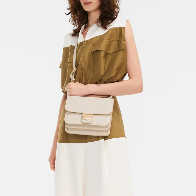 CHARLES&KEITH Polyurethane Synthetic Leather Crossbody Bags Medium Size Women's Beige/Chocolate-4