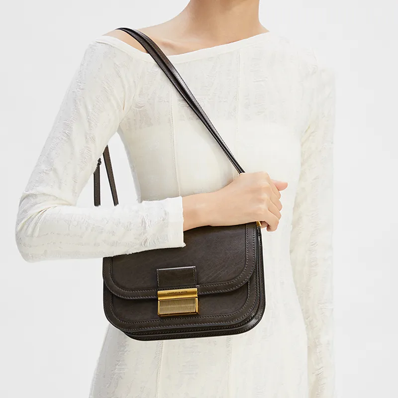 CHARLES&KEITH PU Tofu Bag Crossbody Bags Medium Size Women's Dark Moss Dark Moss Green/Black/Dark Brown Dark Brown Oat-3