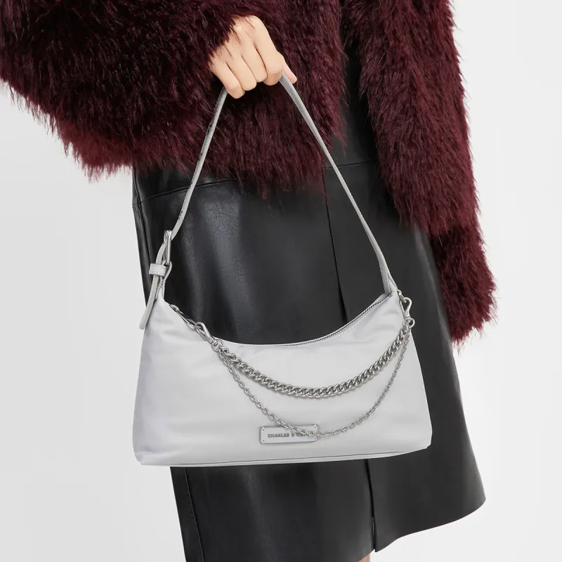 CHARLES&KEITH PU, Textile Mixture Shoulder Bag Small Size Women's Noir Black/Light Gray-3