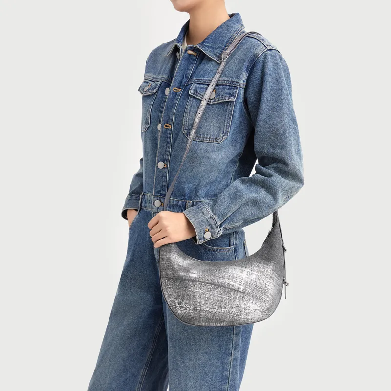 CHARLES&KEITH Fabric With Soft Denim Shoulder Bag Medium Size Women's Light Denim Blue/Silver Denim Blue-7