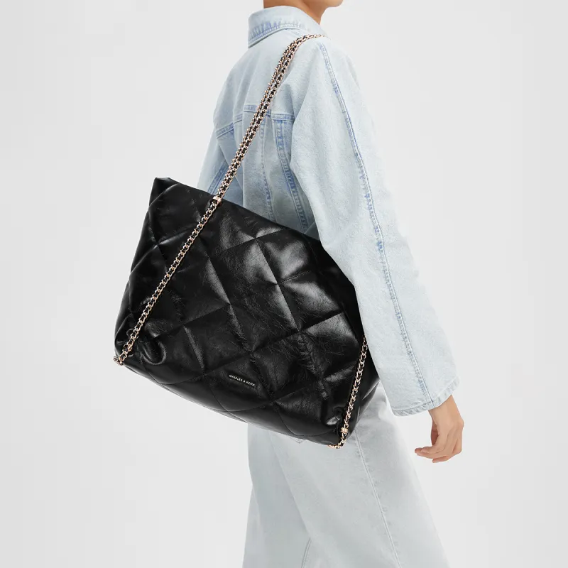 CHARLES&KEITH PU Shoulder Bag Extra Large Women's Black/Grey/Cream/Milk White-3