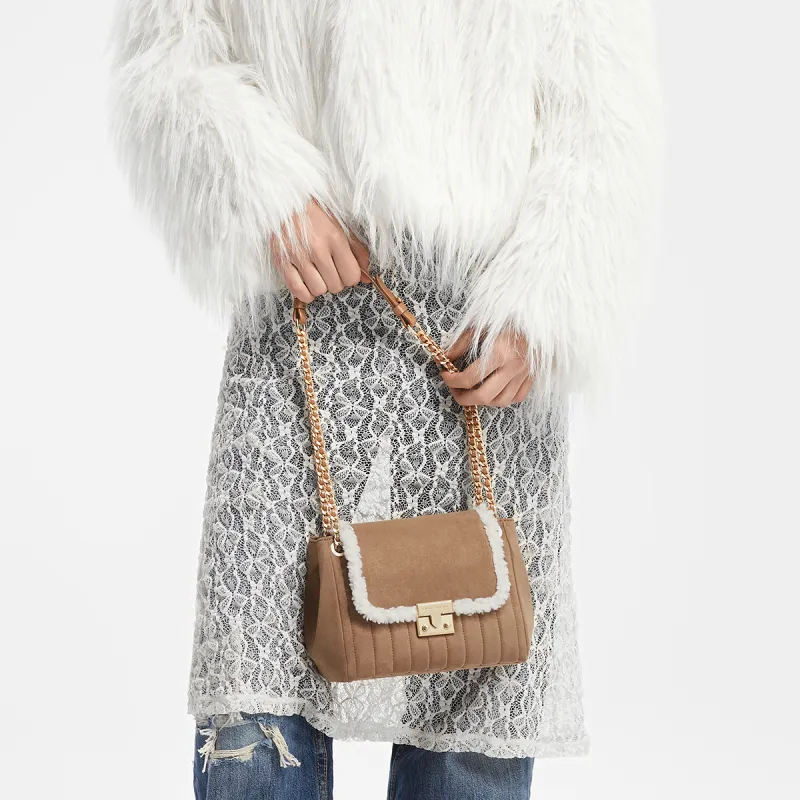 CHARLES&KEITH PU, Textile Mixture Shoulder Bag Medium Size Women's Tan Tea Brown-5