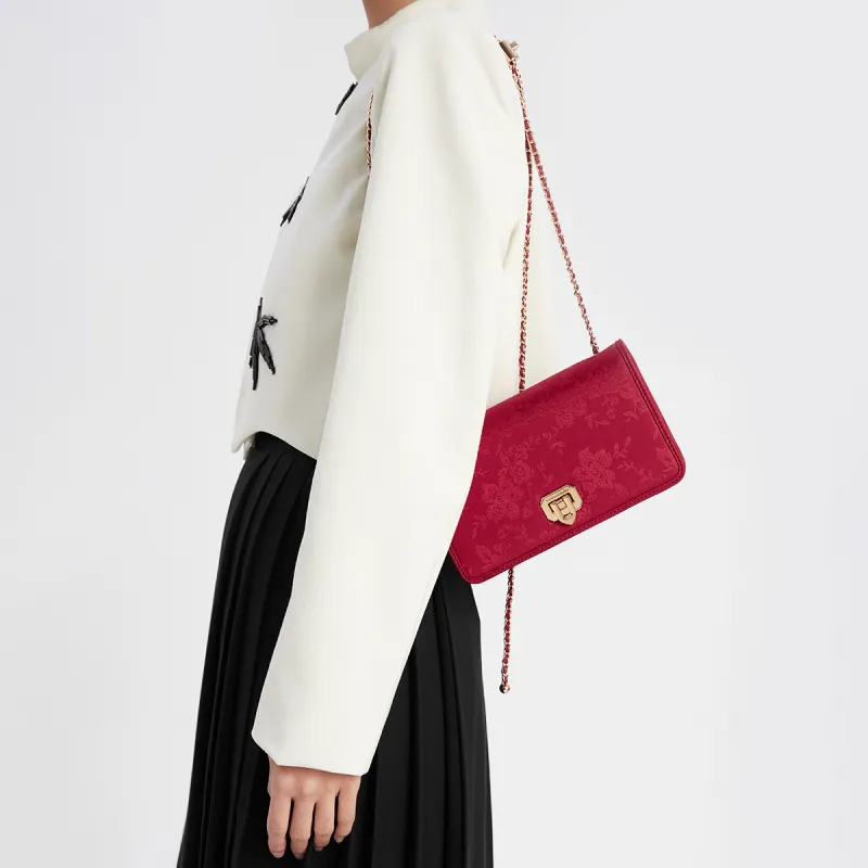 CHARLES&KEITH PU Laminated Textile Crossbody Bag Small Size Women's Black/Cream Milk White/Crimson Red Crimson-13