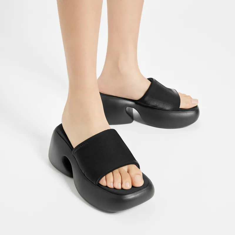 CHARLES&KEITH Composite Sole Slide Slippers 7.5cm Women's BLACK TEXTURED / White Chalk-3