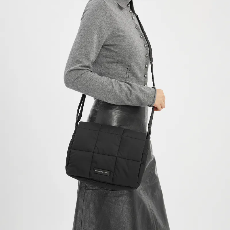 CHARLES&KEITH Nylon Cloud Bag Crossbody Bag Medium Size Women's Jet Black/Grey Gray-3