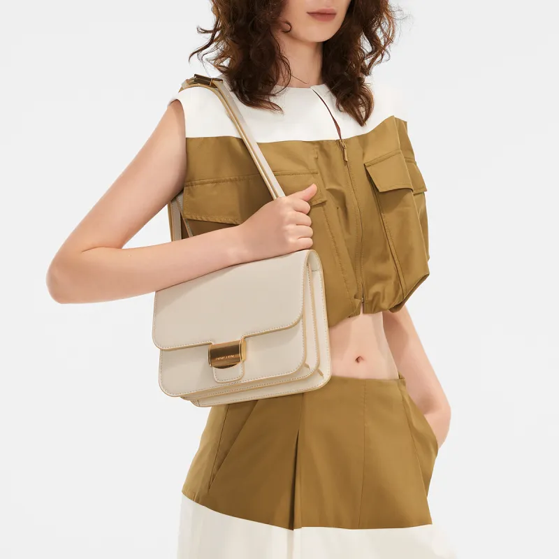 CHARLES&KEITH Polyurethane Synthetic Leather Crossbody Bags Medium Size Women's Beige/Chocolate-5