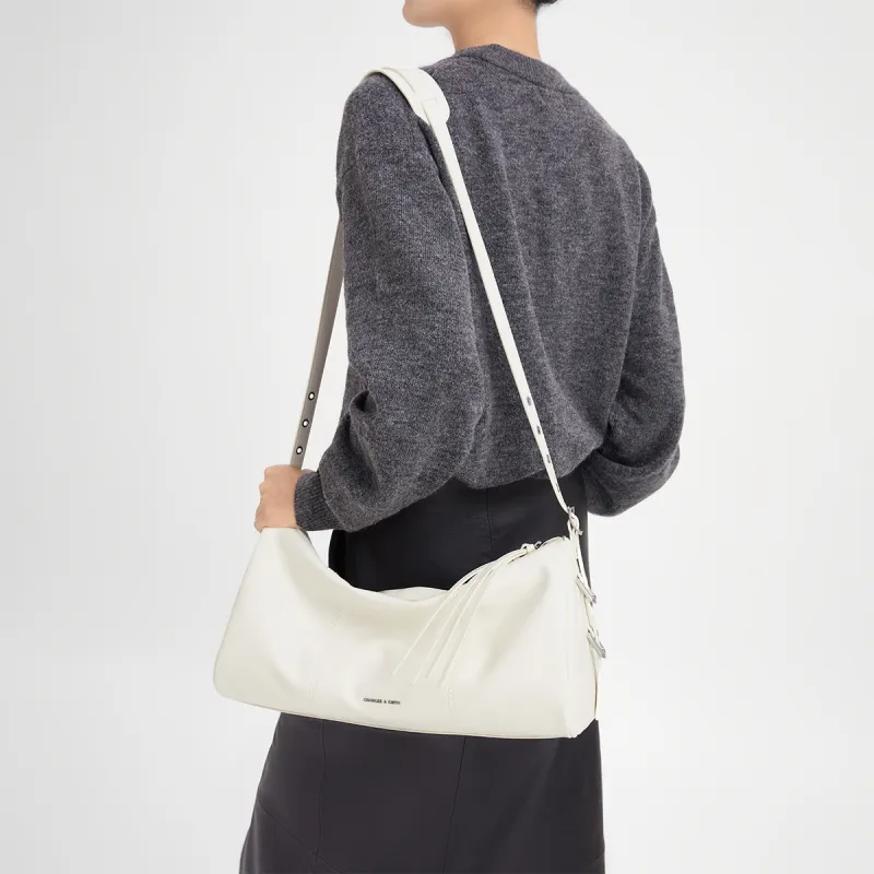 CHARLES&KEITH PU Shoulder Bag Tubas Women's Noir Black/Cream Milk White-7